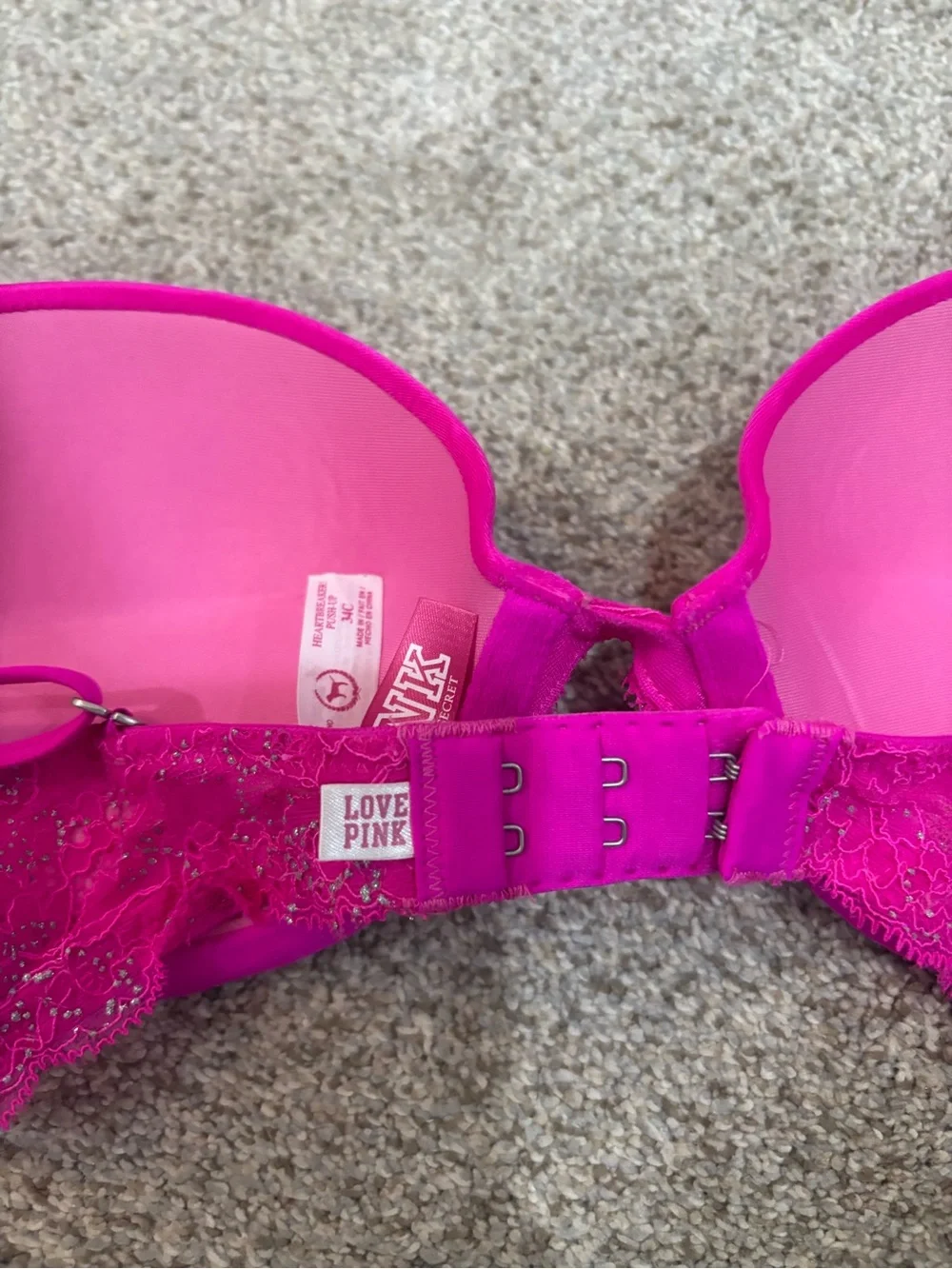 PINK Heartbreaker Push Up Bra Hot Pink Lace-Trim T-Shirt Bra 34C